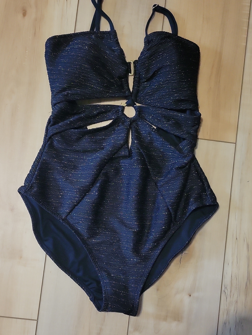 Time and Tru Black Sparkle Cutout One-Piece Swimsuit